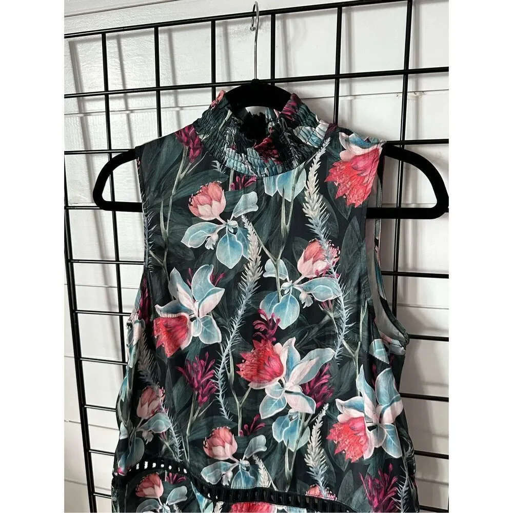 MinkPink Smocked‎ Sleeveless Turtleneck Womens S Tropical Floral Romantic